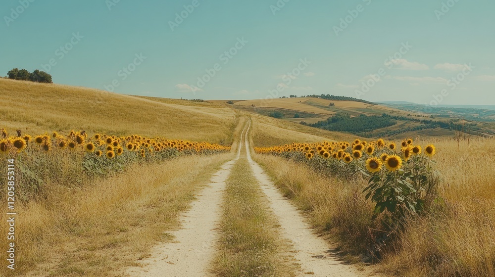 Fototapeta premium Sunflowers line rural dirt road, Tuscany hills background, summer travel