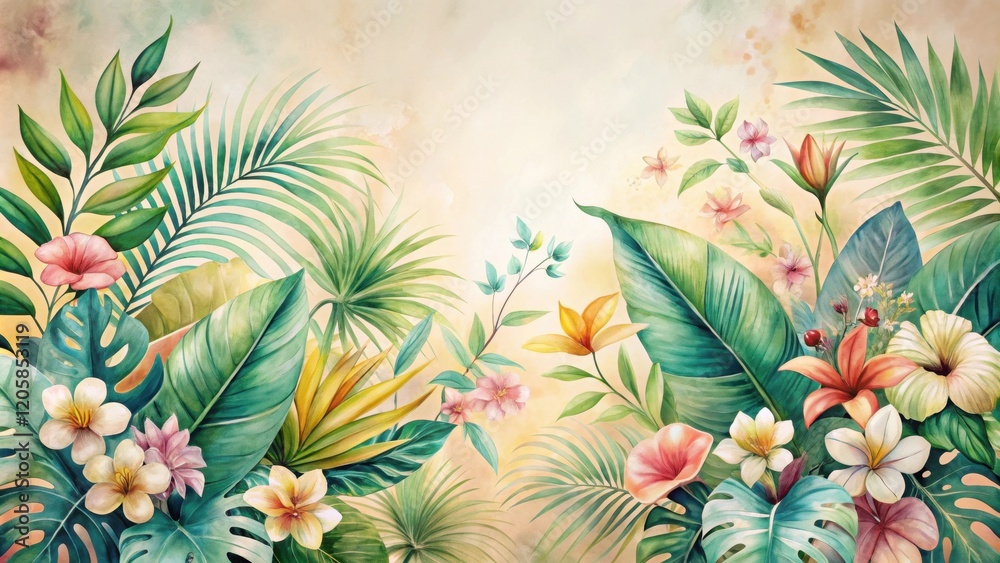 Obraz premium A Vibrant Watercolor Depiction of Lush Tropical Foliage and Exotic Blossoms Arranged in a Symmetrical Composition on a Soft, Warm Background