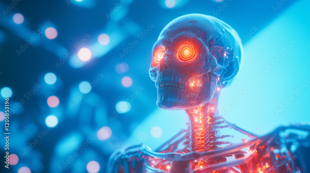 Create a 3D illustration of a cyborg survivor in a post-apocalyptic world, set against a cool, neutral blue lighting background. The cyborg, a mixture of human resilience and advan Create a 3D illustration of a cyborg survivor in a post-apocalyptic world, set against a cool, neutral blue lighting background. The cyborg, a mixture of human resilience and advan