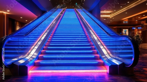 The escalator features a striking design with bright blue and pink lights glowing against a sleek metallic framework. People ascend and descend, enjoying the modern atmosphere of the shopping center