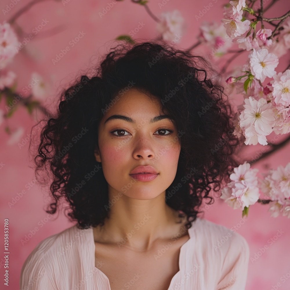 Portrait of a young woman with voluminous curly hair surrounded by pink flowers against a pastel pink background, radiating femininity and natural beauty. Portrait of a young woman with voluminous curly hair surrounded by pink flowers against a pastel pink background, radiating femininity and natural beauty.