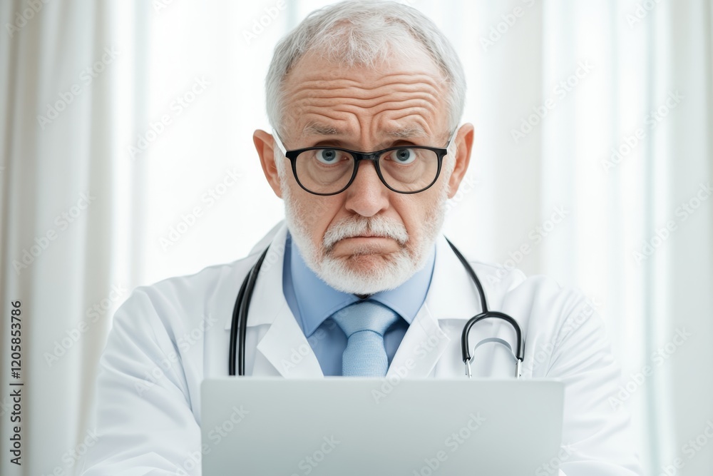 Concerned doctor reviewing patient data in a medical office during the day Concerned doctor reviewing patient data in a medical office during the day