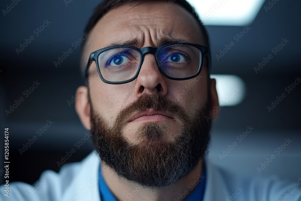 Focused scientist contemplating research findings in a laboratory setting during evening hours Focused scientist contemplating research findings in a laboratory setting during evening hours