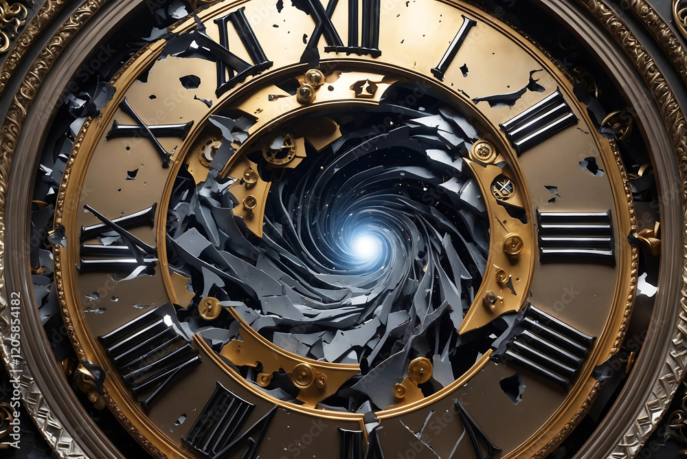 Obraz premium A Surreal Clock Face Imploding into a Spiraling Vortex, Warping Time and Space with Shards, a Black Hole, and Pulsing Blue Light, Against a Starry Cosmic Sky.
