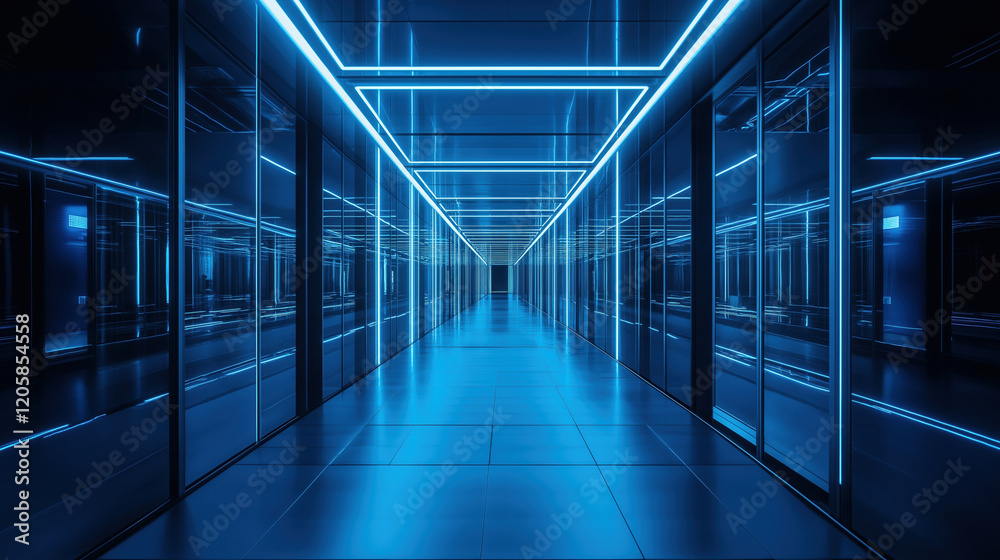 Futuristic neon lit corridor with reflective glass walls and blue illumination Futuristic neon lit corridor with reflective glass walls and blue illumination