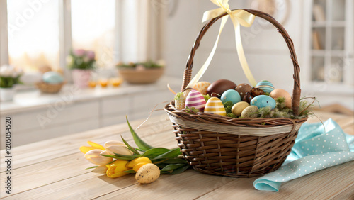 Woven basket filled with colorful Easter eggs and spring flowers on a wooden table