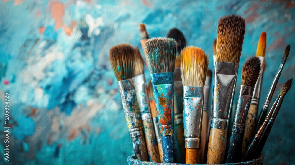 Fototapeta premium Well-used paintbrushes stand ready in colorful containers.