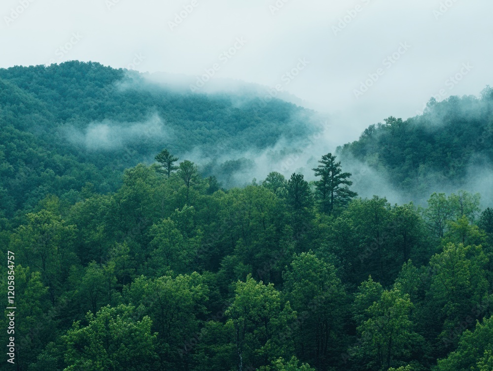Misty mountain forest landscape, aerial view, calm background, nature travel brochure Misty mountain forest landscape, aerial view, calm background, nature travel brochure