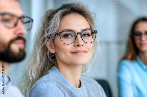 Confident young woman wearing glasses in a professional setting, perfect for concepts of leadership, teamwork, career success, or modern workplace dynamics