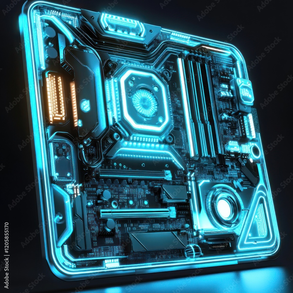 Fototapeta premium Glowing Motherboard, Tech, Studio, Dark Background, PC Build