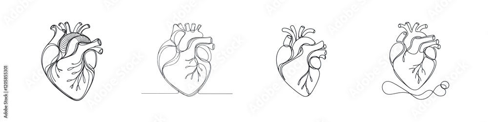 Set of One continuous line drawing of heart, line art image, isolated over on transparent white background Set of One continuous line drawing of heart, line art image, isolated over on transparent white background