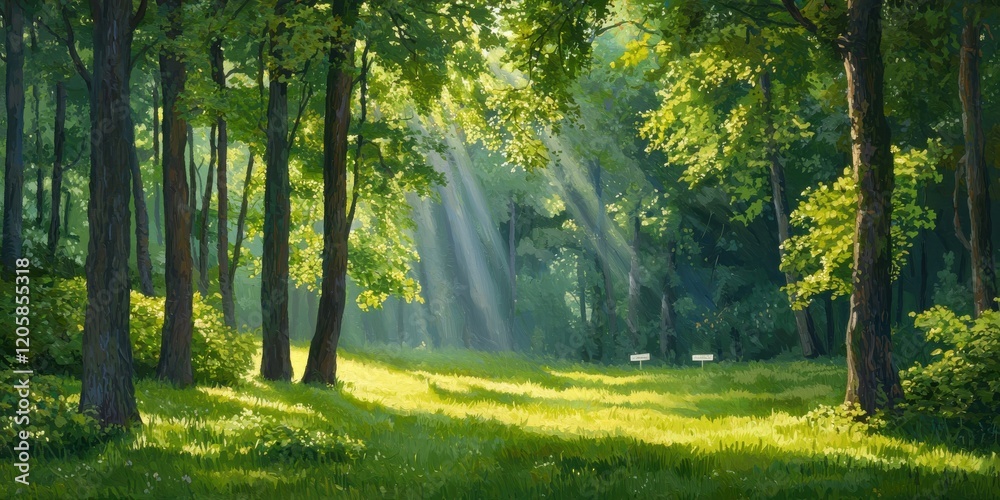 Obraz premium Morning light in serene forest scene with conservation signs nature wide angle view