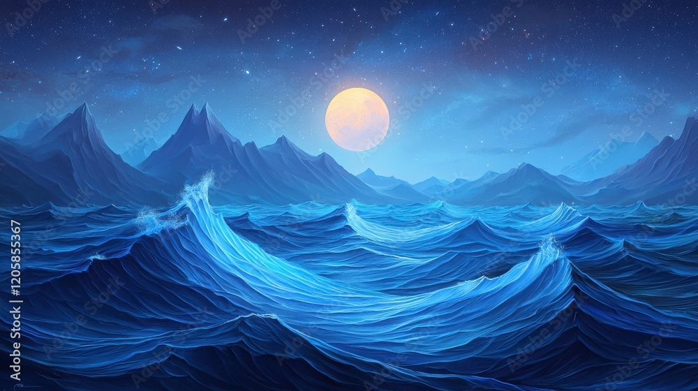 Obraz premium Majestic moonlit ocean waves under enchanting starry sky in a serene night landscape