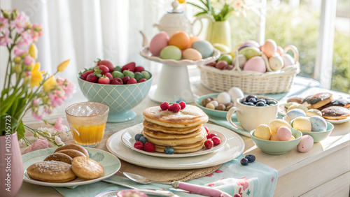 Wallpaper Mural Festive Easter breakfast table with pancakes, fresh berries, and pastel holiday decorations Torontodigital.ca