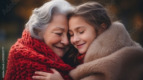 A grandmother and granddaughter share a warm embrace, wrapped in cozy blankets, radiating love and connection.