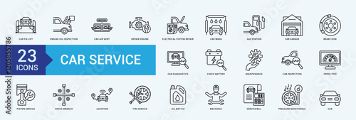 Car service icon collection set with car fix lift, engine oil inspection, car air vent, repair engine, check battery