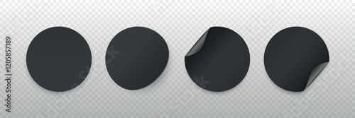 Black Round Sticker Vector Set. Round Stickers with Shadows. Curled Corner Stickers, Straight Round Stickers, Slightly Curled Stickers. Design Template for Labels, Tags, Promotions, Marketing