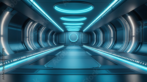 Fototapeta Naklejka Na Ścianę i Meble -  Futuristic blue spaceship corridor with glowing neon lights and metallic walls