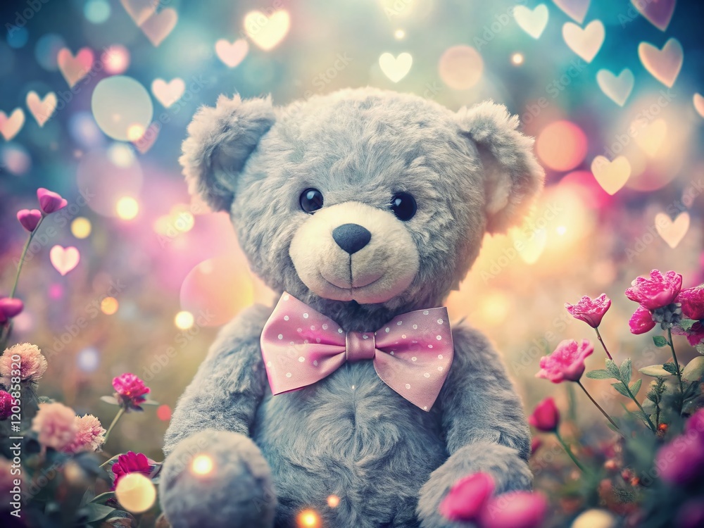 Double Exposure: Gray Teddy Bear with Pink Bow Tie Amidst Hearts and Flowers Double Exposure: Gray Teddy Bear with Pink Bow Tie Amidst Hearts and Flowers