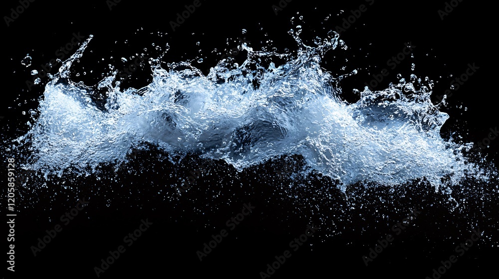 Water Splashing: A dynamic burst of water explodes against a black backdrop, showcasing its intricate details and mesmerizing movement. Water Splashing: A dynamic burst of water explodes against a black backdrop, showcasing its intricate details and mesmerizing movement.