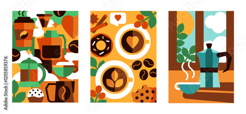 Set of Minimalist Coffee Posters with Modern Style and Abstract Geometric Elements