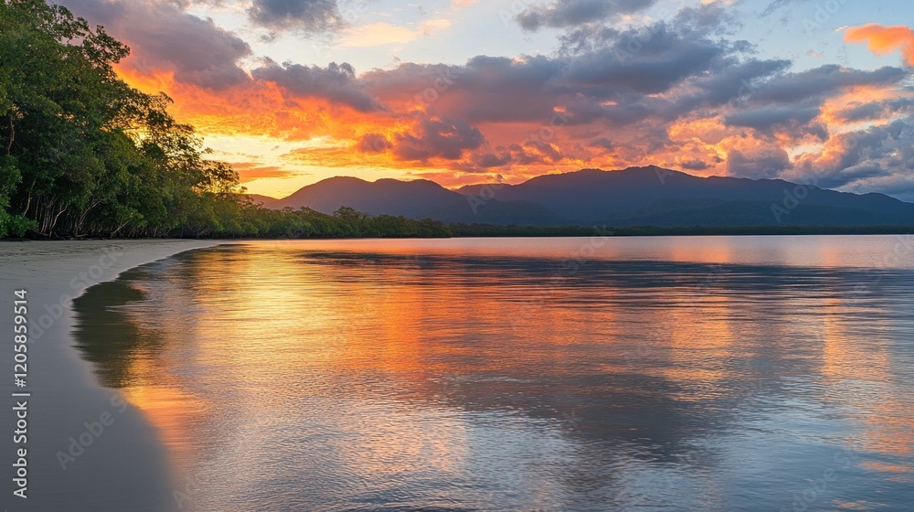 Fototapeta premium Tropical sunset beach, calm water, mountain backdrop, tourism