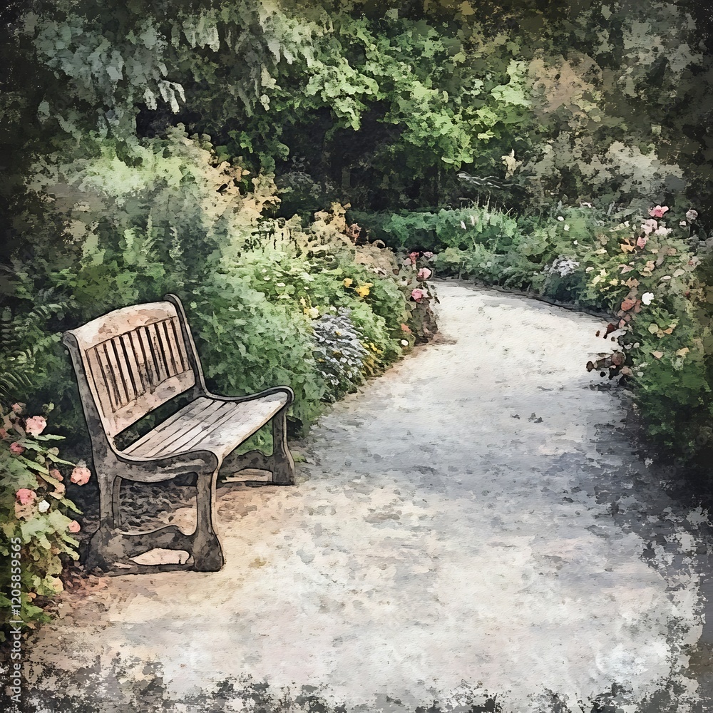 Obraz premium Peaceful Garden Path with Wooden Bench Inviting Tranquil Retreat in Nature s Embrace