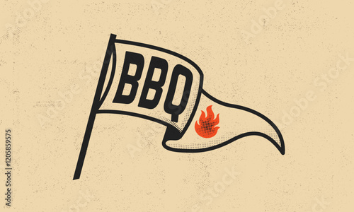 Retro BBQ flag design with bold typography and a fire flame icon with distressed texture. Ideal for barbecue branding, restaurant or grill house menus. Vector illustration.