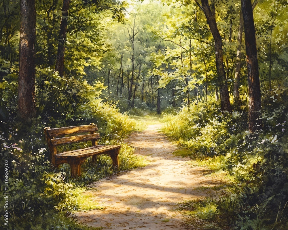 Peaceful Forest Path with Wooden Bench Surrounded by Lush Greenery and Sunlight Peaceful Forest Path with Wooden Bench Surrounded by Lush Greenery and Sunlight