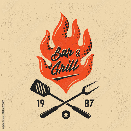 Barbecue logo. Bar and Grill logo with fire flame, spatula and grill fork. Vintage emblem for BBQ restaurants, outdoor events, or steak houses. Grunge texture. Retro-style vector illustration