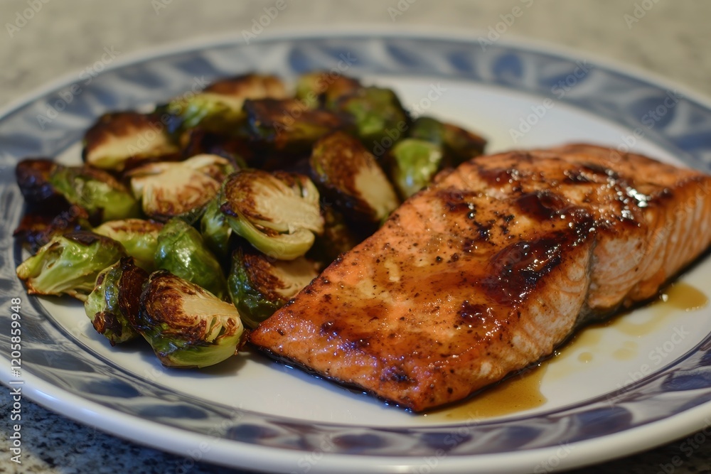 Deliciously Grilled Salmon Fillet Served with Roasted Brussels Sprouts on a Decorative Plate Ideal for Healthy Eating and Culinary Inspiration Deliciously Grilled Salmon Fillet Served with Roasted Brussels Sprouts on a Decorative Plate Ideal for Healthy Eating and Culinary Inspiration