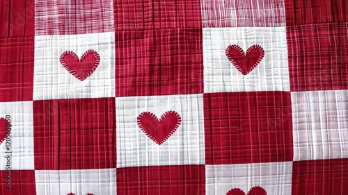 Colorful quilt pattern featuring red and white heart motifs