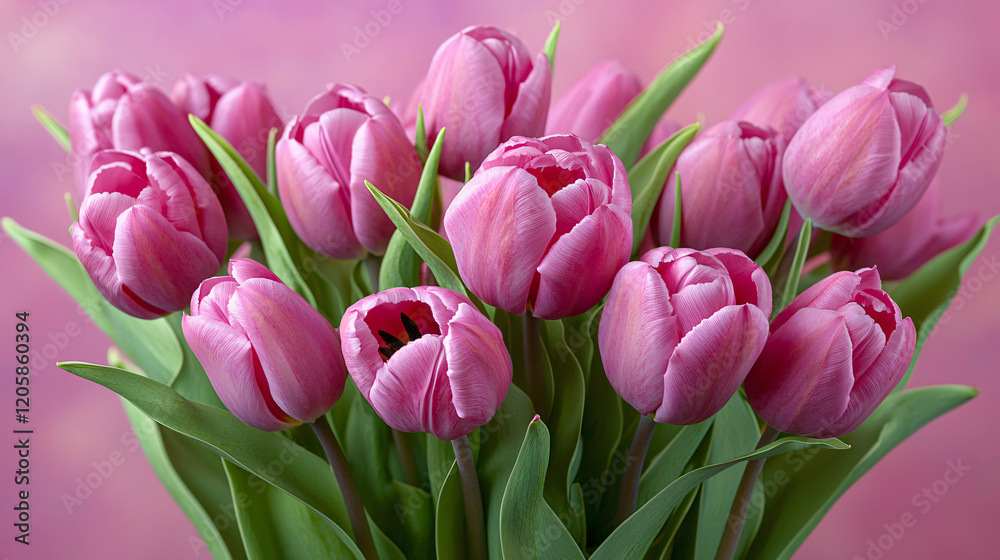 Fototapeta premium A bouquet of pink tulips on a soft pastel pink background, perfect for celebrating Valentine's Day or Mother's Day.