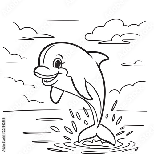 Cartoon drawing of a happy dolphin swimming in the ocean.