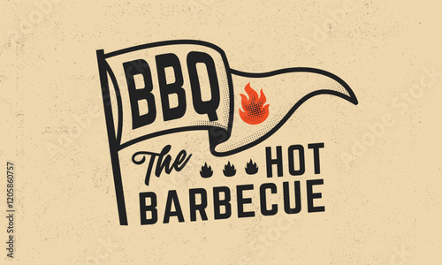 Retro bbq flag design with bold typography, flame icons, and distressed texture. Vintage design for barbecue, grill restaurant menu. Vector illustration