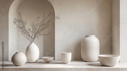 Neutral pottery, niche display, calm interior, minimalist design, home decor