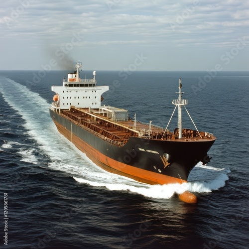 Cargo ship sailing ocean, wake, clouds, transport, logistics