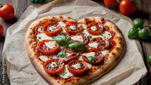 Heart shaped Italian pizza with salami,cherry tomatoes,garlics,parsley,pizza sauce,mozzella and olive oil on parchment paper with white wood table background.Love concept for Valentine's day
 photo