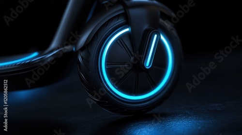 Futuristic e-scooter wheel glowing blue, dark studio photo