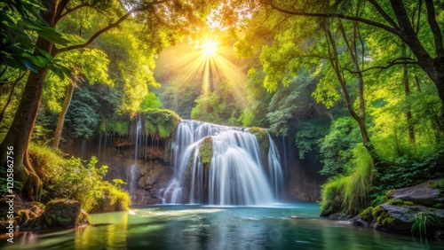 Waterfall amidst dense foliage, sunlight filtering through leaves