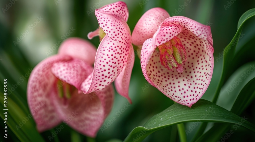 Pink speckled orchids bloom in greenhouse Pink speckled orchids bloom in greenhouse