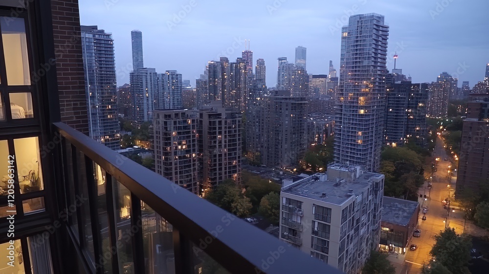 Fototapeta premium Cityscape twilight balcony view; urban lights, apartment building