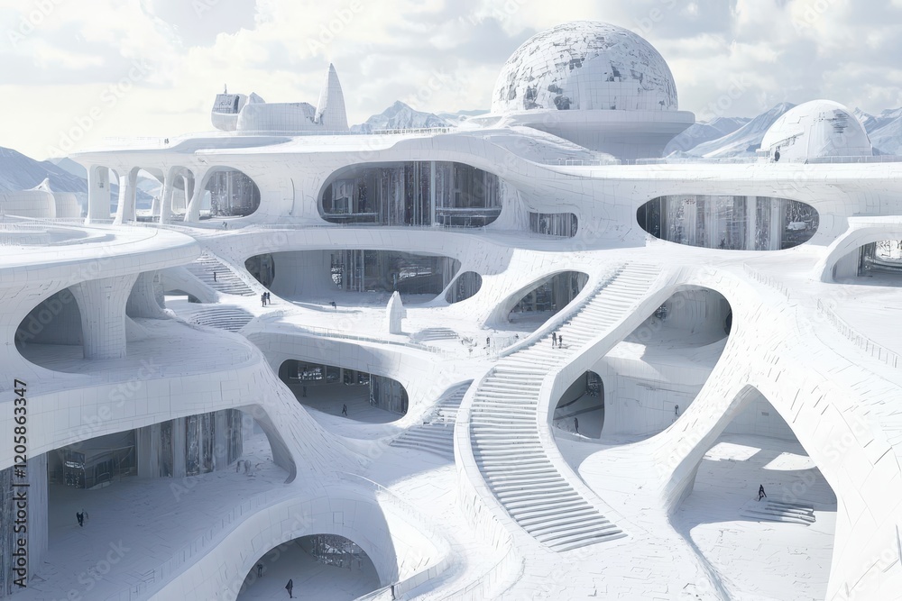 Futuristic Architectural Design Featuring Sleek White Curved Structures, Open Spaces, and Scenic Mountains in a Snowy Landscape with a Bright Sky Futuristic Architectural Design Featuring Sleek White Curved Structures, Open Spaces, and Scenic Mountains in a Snowy Landscape with a Bright Sky