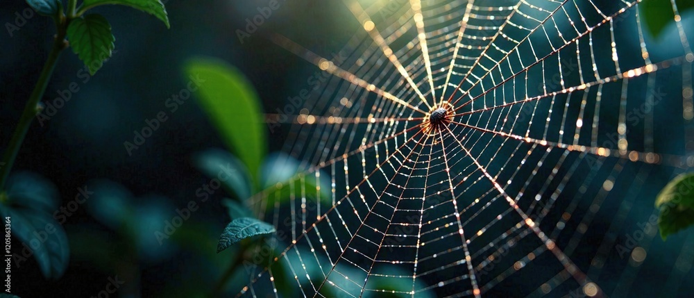 Naklejka premium Intricate Spiderweb, Dramatic Lighting