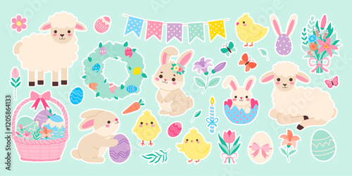 A collection of Easter themed stickers featuring animals and flowers. The stickers include a bunny, a chicken, a sheep, and a butterfly