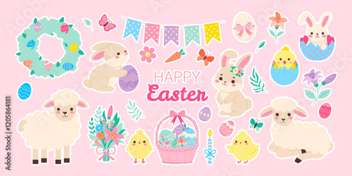 A collection of Easter-themed stickers featuring animals and eggs. The stickers are arranged in a row on a pink background
