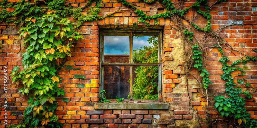 Double Exposure: Weathered Brick Wall with Broken Window, Overlayed with Nature Scene Double Exposure: Weathered Brick Wall with Broken Window, Overlayed with Nature Scene