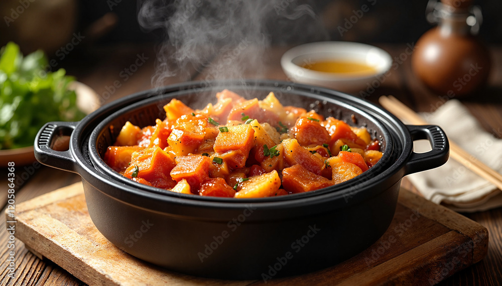 Sizzling kimchi stew in earthenware pot, rustic kitchen warmth Sizzling kimchi stew in earthenware pot, rustic kitchen warmth