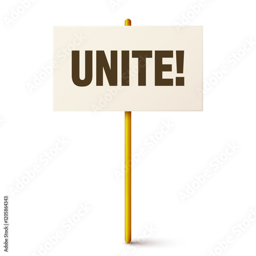 Protest sign with text slogan and wooden holder. Demonstration banner. Strike action cardboard placard mockup. Social advertisement. Vector illustration