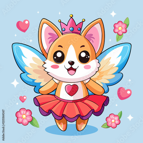  Cute Cartoon Corgi Fairy with Pink Crown, Angel Wings, and Tutu Dress